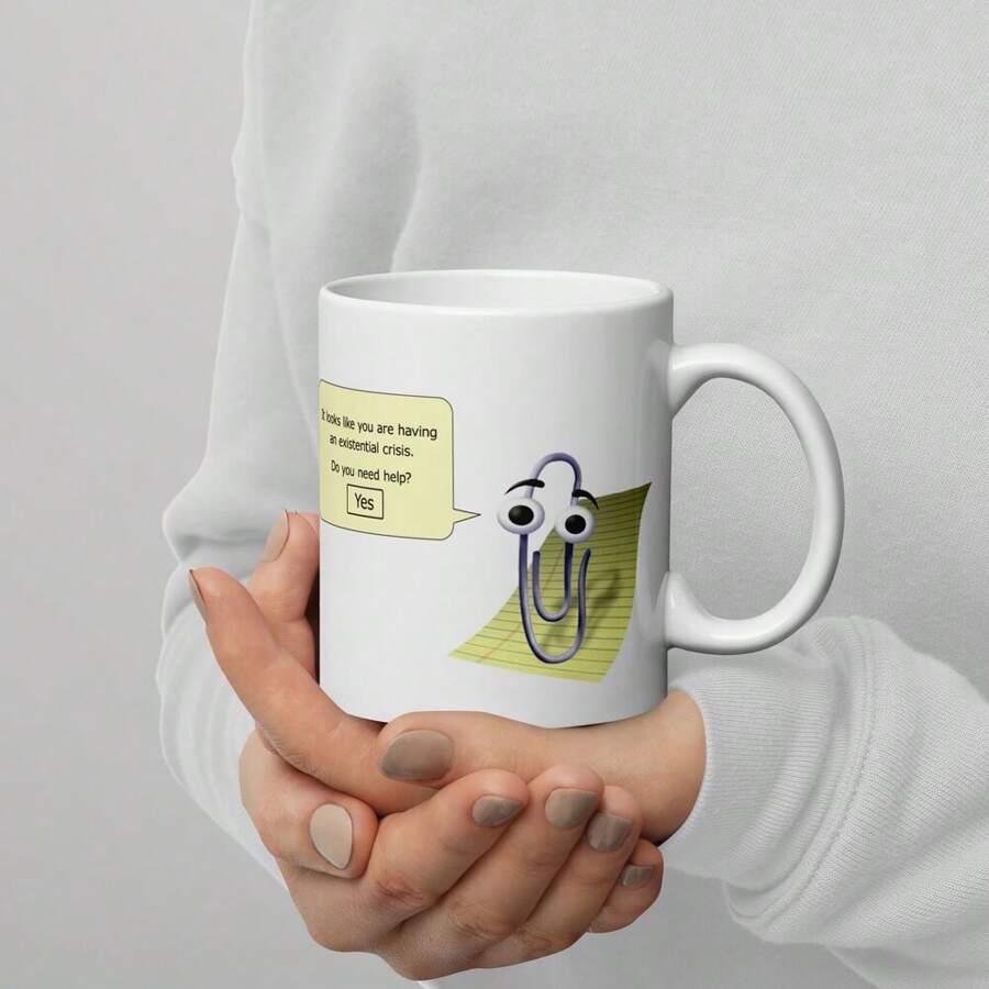Clippy Meme Mug: Existential Crisis & Office Meme - Thoughtful Techie Gift, 11oz White Mug With Double Side Print - Ideal Gift For Friends And Colleagues, Perfect Blend Of Style And Substance For Your Morning Coffee Or Tea - White - View 1