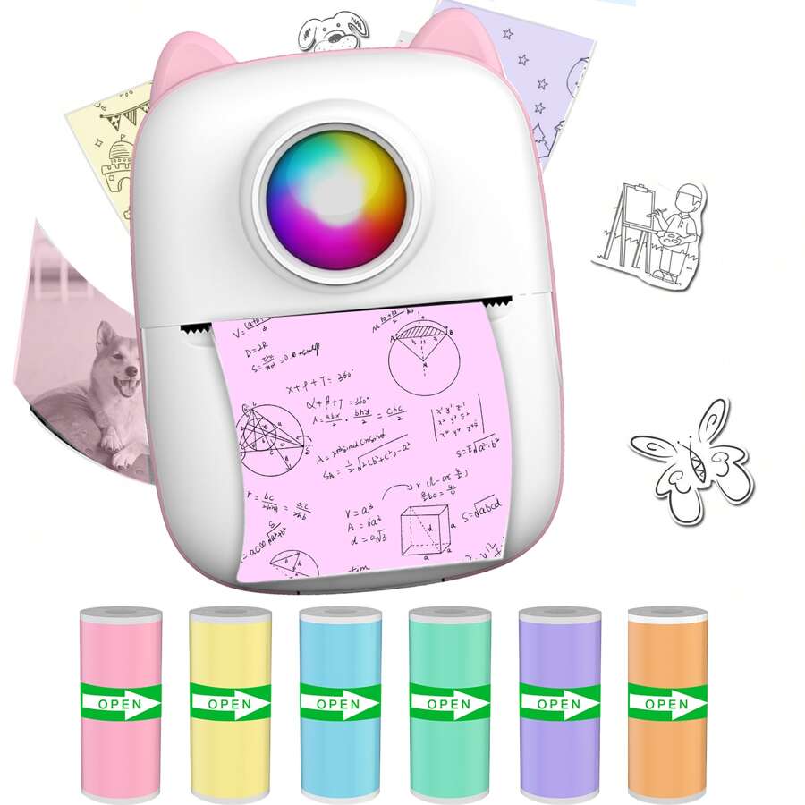 便携式迷你打印机、带 6 卷彩色胶粘纸的袖珍无线热敏打印机、迷你无墨袖珍打印机、用于图片、收据标签、便笺、二维码打印的无线智能打印机 - 均碼 - 查看 1