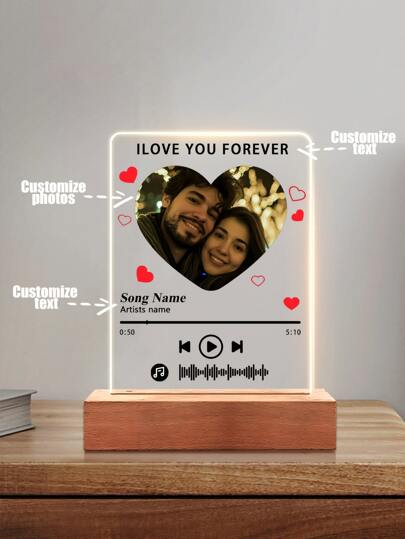1pc Customized LED Night Light, Customized LED Music Plaque With Photo And Wooden Base, Personalized LED Light With Photo And Song, Personalized Acrylic Music Photo Plaque, Customized Photo Song Light, Music Photo Plaque Gift, Illuminated Music Plaque, Valentine's Day Gift, Couple Gift, 1st Wedding Anniversary Gift, Housewarming Gift, Christmas Gift For Boyfriend/Girlfriend/Wife/Husband