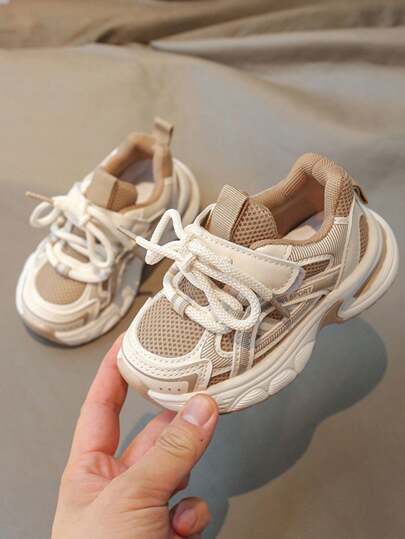 1 Pair Khaki PU Mesh Children's Sneakers, Suitable For Ages 4-10, Lightweight, Comfortable, Breathable, Versatile, Non-Slip, Runs Large By 1 Size