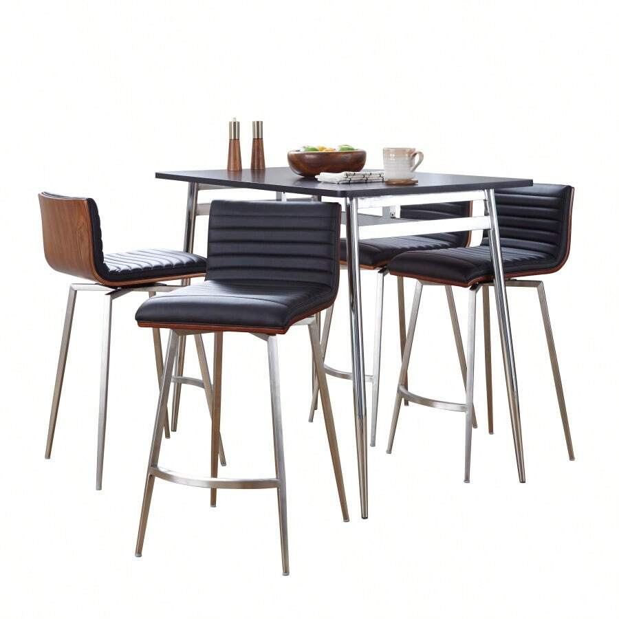 Marcel-Mason Swivel Contemporary Counter Height Dining Set In Chrome Metal With Black Wood Tabletop And Stainless Steel, Walnut Wood With Black Faux Leather By LumiSource - 5 Piece - Đen + Da giả như hình - Xem 1