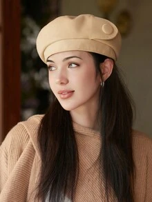 1 件女式秋季纯色波西米亚派对休闲可爱优雅复古街头帽子，复古风格贝雷帽适合日常户外素描 - 彩色 - 查看 12