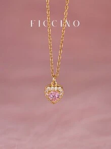 FICCINO 时尚粉色心形 CZ 镶嵌钛钢镀金可调节 O 形链项链，可爱甜美风格，送给女孩或朋友的绝佳礼物，附情人节礼盒 - 粉紅色心型項鍊 - 查看 2