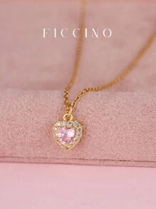 FICCINO 时尚粉色心形 CZ 镶嵌钛钢镀金可调节 O 形链项链，可爱甜美风格，送给女孩或朋友的绝佳礼物，附情人节礼盒 - 粉紅色心型項鍊 - 查看 1