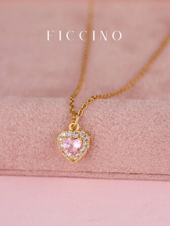  FICCINO 时尚粉色心形 CZ 镶嵌钛钢镀金可调节 O 形链项链，可爱甜美风格，送给女孩或朋友的绝佳礼物，附情人节礼盒