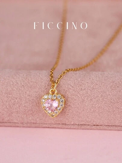  FICCINO 时尚粉色心形 CZ 镶嵌钛钢镀金可调节 O 形链项链，可爱甜美风格，送给女孩或朋友的绝佳礼物，附情人节礼盒