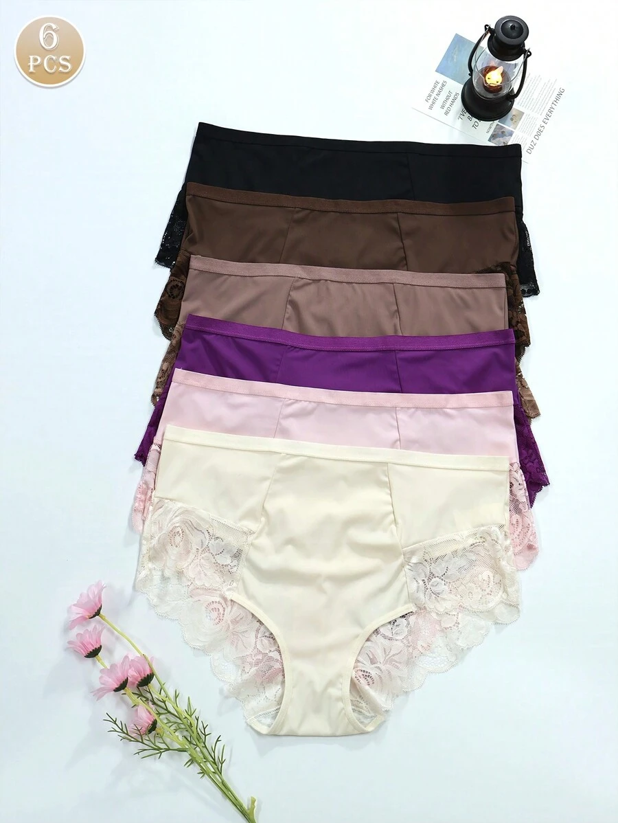 6pcs Plus Size Women Lace Patchwork Breathable Comfort Triangle Panties - 彩色 - 查看 1