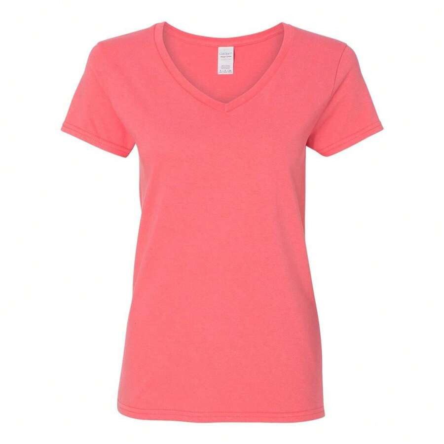 Heavy Cotton Womens V-Neck T-Shirt (Coral Silk) - 珊瑚粉 - 查看 1
