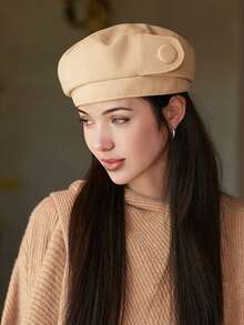 1 件女式秋季纯色波西米亚派对休闲可爱优雅复古街头帽子，复古风格贝雷帽适合日常户外素描 - 彩色 - 查看 6