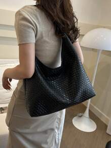 2025时尚纯色流行通勤手提包，简约小众设计，时尚大容量单肩包 - 黑色 - 查看 5