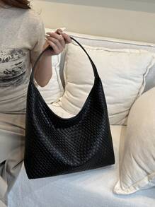 2025时尚纯色流行通勤手提包，简约小众设计，时尚大容量单肩包 - 黑色 - 查看 6