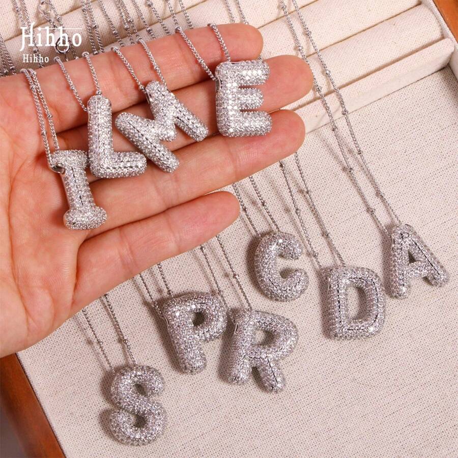 1 pieza Collar con colgante cúbico de globo con inicial audaz AZ, joyería personalizada con letra de color plateado para mujer - Plateado - Ver 1