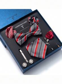 AlanKing 1set Orange Necktie, Pocket Square, Cufflinks, Boutonniere Suit For Men, Wedding Party Formal Gift Box Christmas