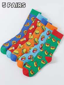 5 Pairs/Sets Of Men's Socks In Autumn And Winter With Fast Food Patterns Of Hamburgers, Hot Dogs, Pizza, Beer, Funny And Interesting Patterns, Suitable For Daily Travel, Home, Office, Festivals, And Gifts - Multicolor - View 3