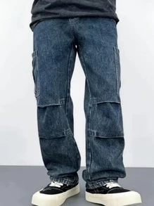 American Casual Denim Blue Jeans For Teenage Boys, 2024 New Spring Autumn Loose Multi-Pocket Straight Leg Pants