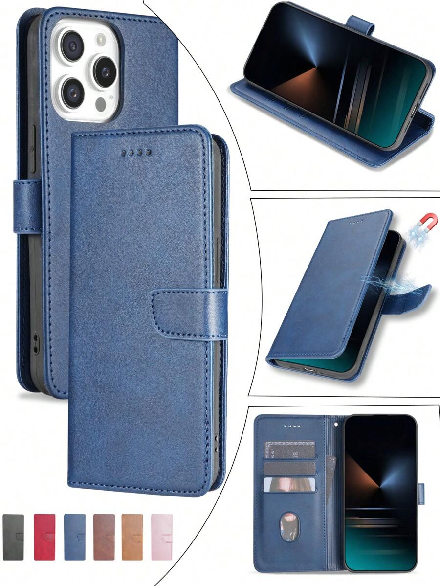 翻盖真皮手机壳+支架+精湛工艺完整手机壳套装，兼容苹果16 Pro Max/三星S24U/红米Note 13 Pro，兼容苹果11/12/13/14/15 Pro Max，兼容三星S24U，兼容OPPO，兼容vivo，兼容红米Note 11/12/13 Pro，国际版，非国内版 - 藍色 - 查看 1