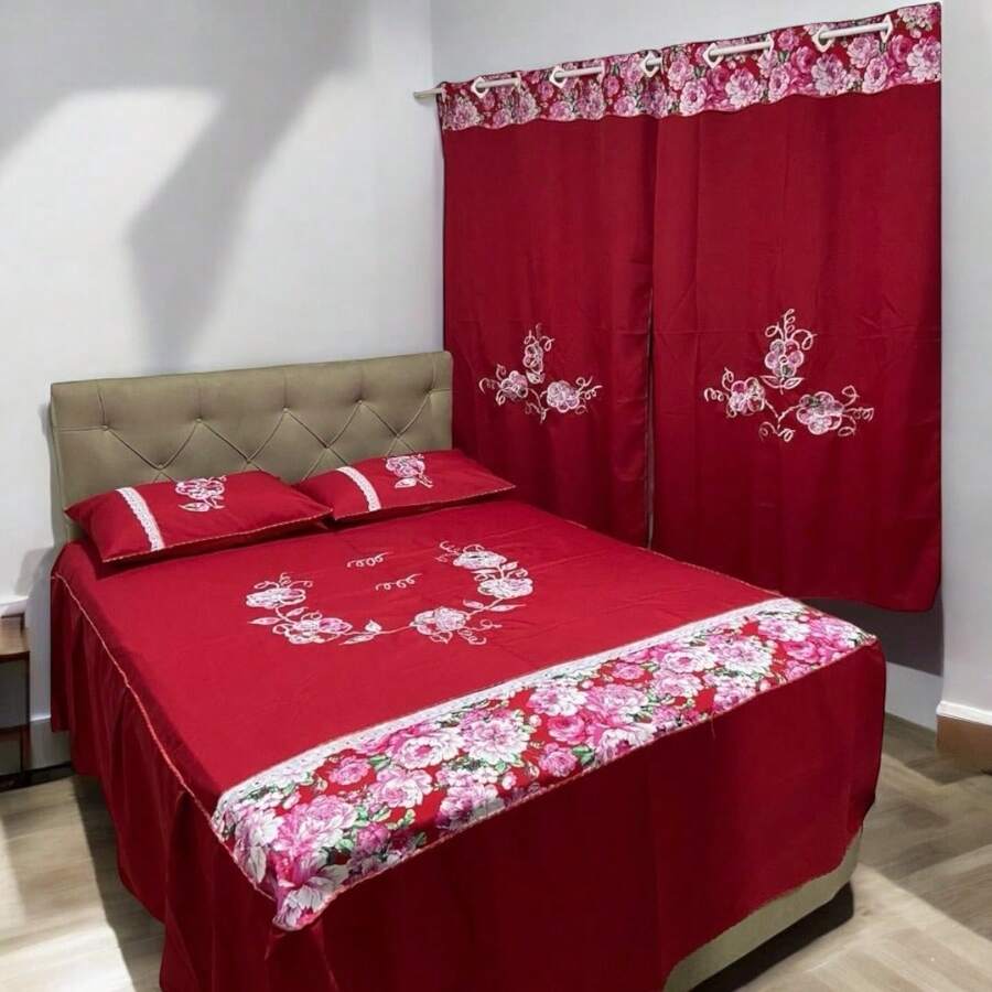 Double Bedspread Kit For Box Bed With Ruffle And Curtain 3m Width X 2m Height Nordesul Bordados - 紅色 - 查看 1
