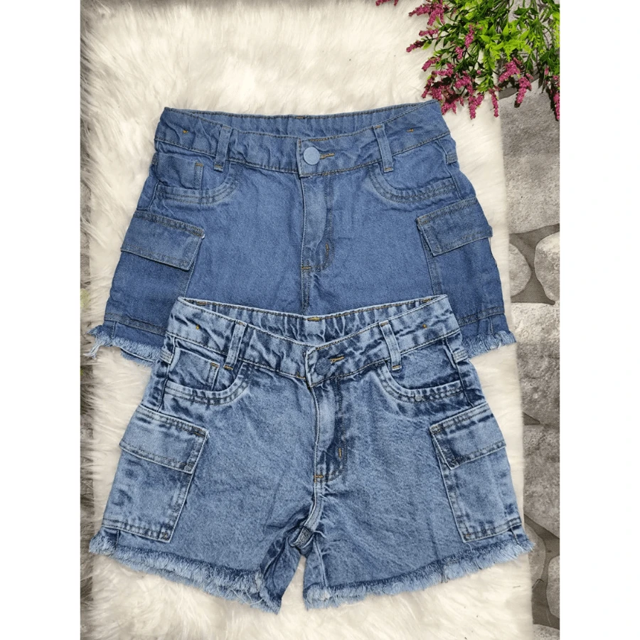 Children's Cargo Shorts With Pockets On The Sides Adjustable Youth Blogger Girl - Light Wash - View 1