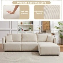 106" Multi-Module Combination Style Sofa For Living Room, Bedroom And Other Lounge Spaces, Modern Minimalist Corduroy Combination Sofa With 2 Comfort Cushions With USB And C Charging Ports, Beige
