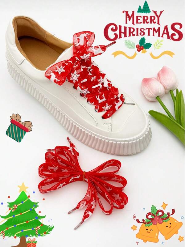 1pair Christmas Snowflake And Deer Printed Ribbons For Casual & Sports Shoes Shoelaces