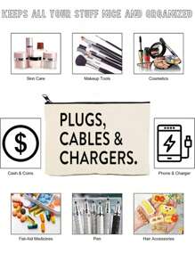 Canvas Charger Storage Bag - Low Allergic, Non-Waterproof Electronics Accessory Case - Unisex Travel Data Cable And USB Organizer Pouch Power Bank Portable Charger Charger Case School College Headphone Case Cable Bag Electronic Bag Cable Organizer Power Bank Charger - White - View 4