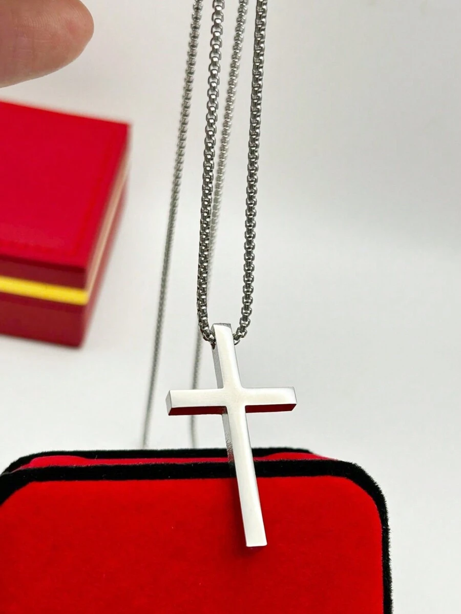 70cm Stainless Steel Cross Necklace Unisex Gold Plated Silver Catholic Necklace - Silver - View 1