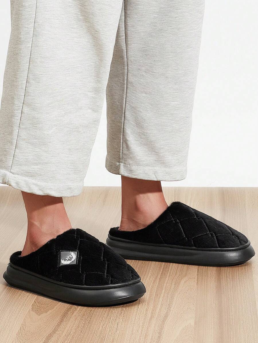 男士舒适毛皮记忆泡沫条纹拖鞋休闲一脚蹬保暖家居鞋室内/户外 EVA 厚底拖鞋 - 黑色 - 查看 1