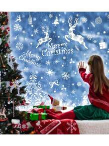 4pcs Large Christmas Window Clings, Xmas Window Stickers Holiday Santa Claus Reindeer Snowflakes Decal Decorations Double Sided For Glass Windows,Christmas - White - View 5