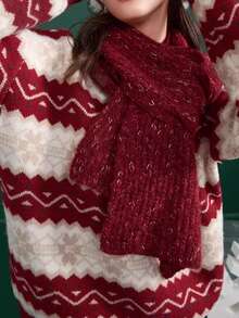 Suéter holgado casual de mujer con estampado navideño de punto - Rojo y blanco - Ver 7
