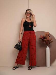 Calca Pantalona Geométrica Calça Estampada Lisa Viscolycra Moda Feminina Bolsos Laterais