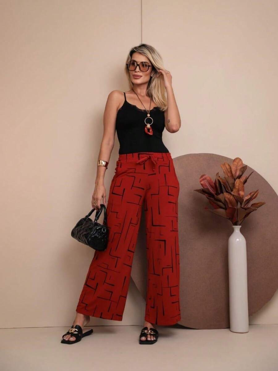 Calca Pantalona Geométrica Calça Estampada Lisa Viscolycra Moda Feminina Bolsos Laterais