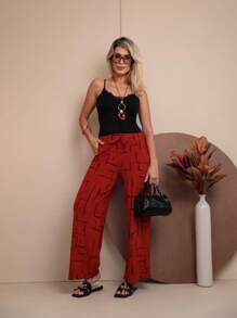Calca Pantalona Geométrica Calça Estampada Lisa Viscolycra Moda Feminina Bolsos Laterais