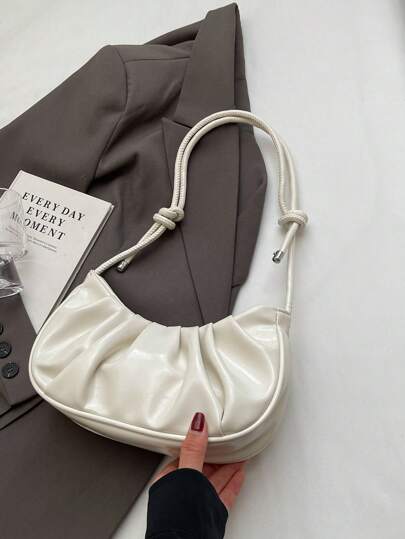 时尚纯色褶皱亮面 PU 云包，简约优雅的月牙形女士单肩包