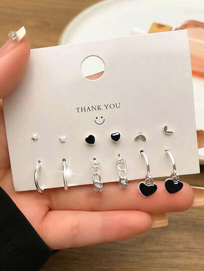 6 对/套星星和爱叶 C 形环状装饰耳环，适合送给好朋友和女孩，日常佩戴以保持耳洞情人节、妈妈、母亲、母亲节、礼物