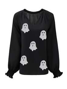 Sequined Halloween Ghost Print Notched Neckline Lantern Sleeve Blouse - Black - View 4