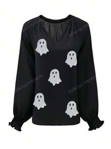 Blouse à manches lanternes avec col cranté, imprimé fantôme pailleté pour Halloween