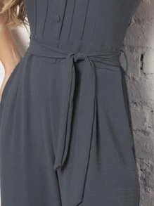 Women's Jumpsuit - Long Jumpsuit With Straps And Side Ties - Pleated And Button Details On The Bust - Màu xám đen - Xem 5