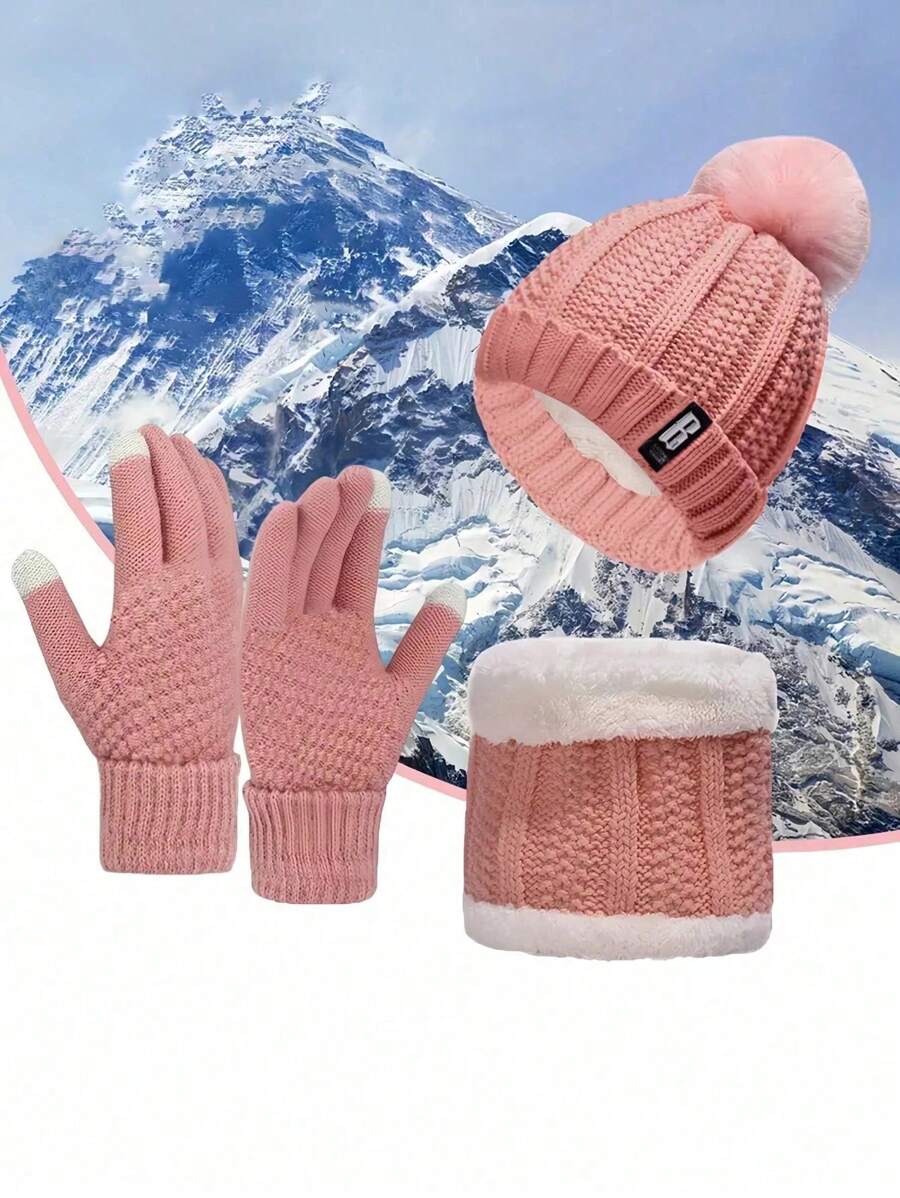 3 件套冬季针织羊毛混纺保暖手套、帽子和围巾，保暖效果极佳 - 藏青色 - 查看 1