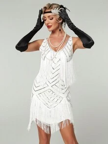 女士优雅 20 世纪 20 年代风格流苏装饰复古连衣裙，白色鸡尾酒半正式舞会礼服，适合生日、婚礼嘉宾、毕业返校节、派对礼服