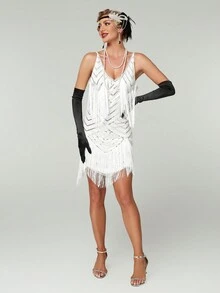 女士优雅 20 世纪 20 年代风格流苏装饰复古连衣裙，白色鸡尾酒半正式舞会礼服，适合生日、婚礼嘉宾、毕业返校节、派对礼服