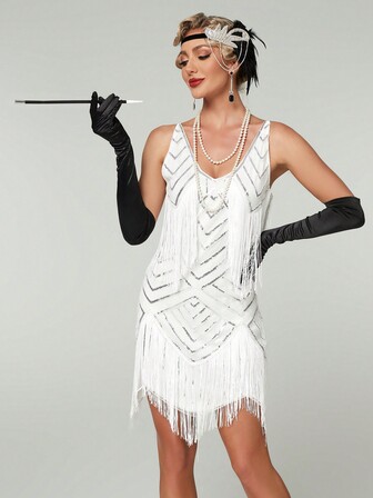 Dam elegant 1920-talsstil med tofs dekorativ vintageklänning, vit cocktail halvformell balklänning, till födelsedag, bröllopsgäst, examen hemkomst, festklänning