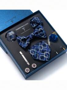 AlanKing 1set Orange Necktie, Pocket Square, Cufflinks, Boutonniere Suit For Men, Wedding Party Formal Gift Box Christmas