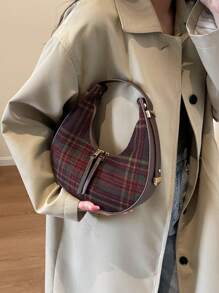 1 件女士拼色格纹腋下新月形手提包，咖啡色 - 查看 4