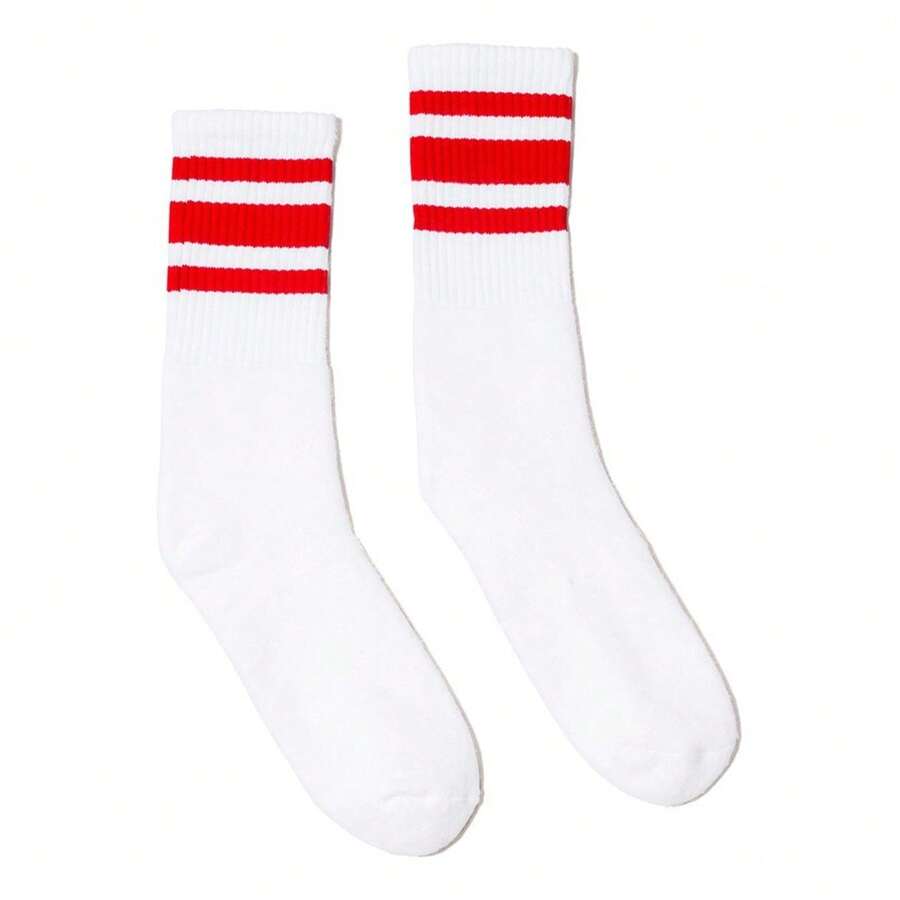 USA-Made Striped Crew Socks (White/ Red) - Burgundy - View 1