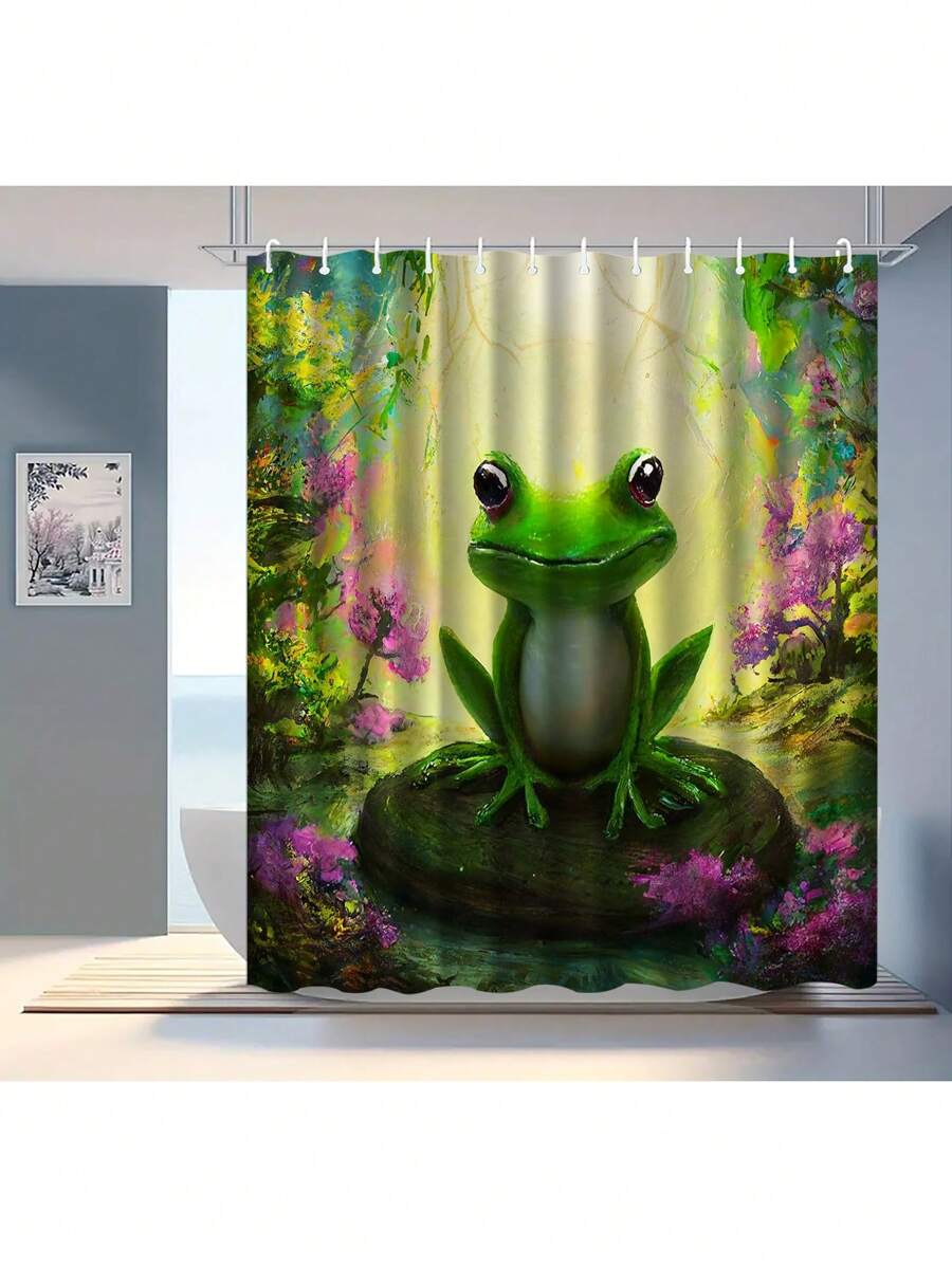1 pieza Cortina de ducha con estampado de rana, cortina de baño de estilo ligero y elegante de tela con ganchos de plástico, impermeable, juego de decoración de baño - dos ranas - Ver 1