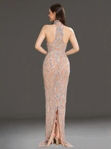 Elisanya Váy bó sát cổ đứng đính đá pha lê lấp lánh Modphy Luxury, Váy phù dâu trang trọng cho đám cưới, Váy dự tiệc tối cho khách dự tiệc cưới - Màu be - Xem 6