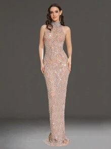 Elisanya Váy bó sát cổ đứng đính đá pha lê lấp lánh Modphy Luxury, Váy phù dâu trang trọng cho đám cưới, Váy dự tiệc tối cho khách dự tiệc cưới - Màu be - Xem 4