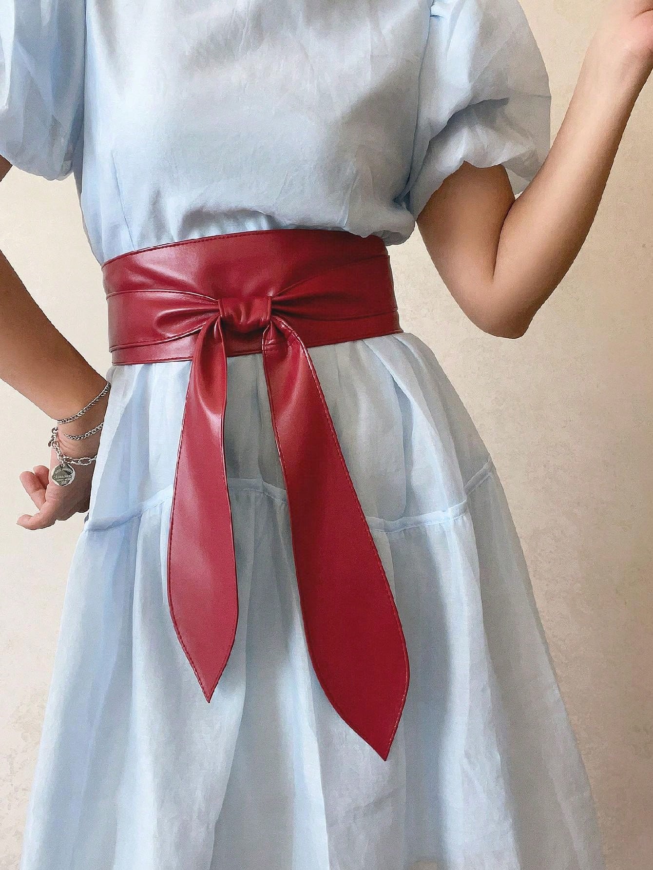 حزام جلدي ناعم مع فيونكة، أنيق وفينتاج، للصيف والم...