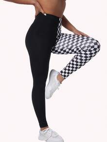 Mallas de yoga para mujer para exteriores: diseño a cuadros en blanco y negro, longitud 9/10, mezcla de poliéster, no impermeable, excelente para entrenamiento de otoño/invierno - Blanco y Negro - Ver 4