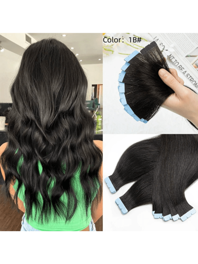 12"-24" Tape-In Echthaar Extensions, 10 Stücke gerade Remy Echthaar Extensions mit unsichtbarem Klebeband, ideal für Halloween Kostüme